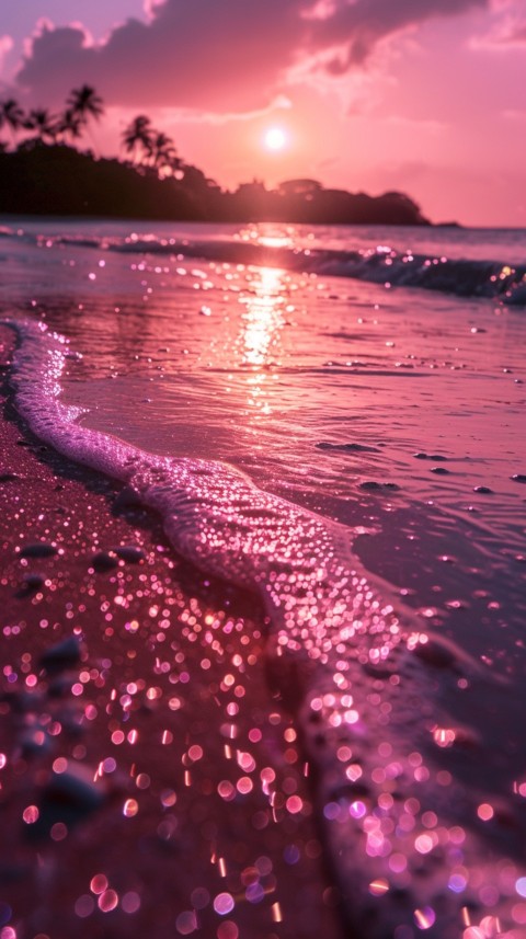 Beautiful beach Aesthetic with palm trees, sparkling water, pink and purple sky, sunset, sparkling glitter on the sand (41)