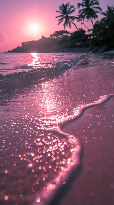Beautiful beach Aesthetic with palm trees, sparkling water, pink and purple sky, sunset, sparkling glitter on the sand (12)