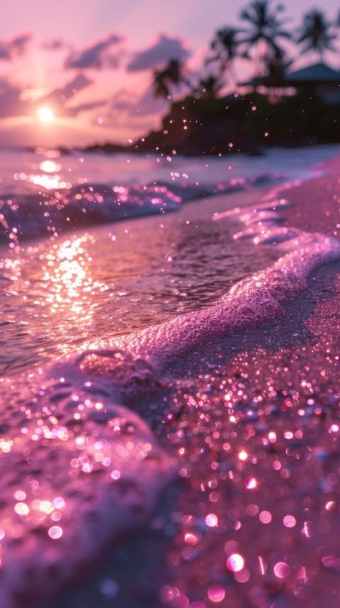 Beautiful beach Aesthetic with palm trees, sparkling water, pink and purple sky, sunset, sparkling glitter on the sand (42)