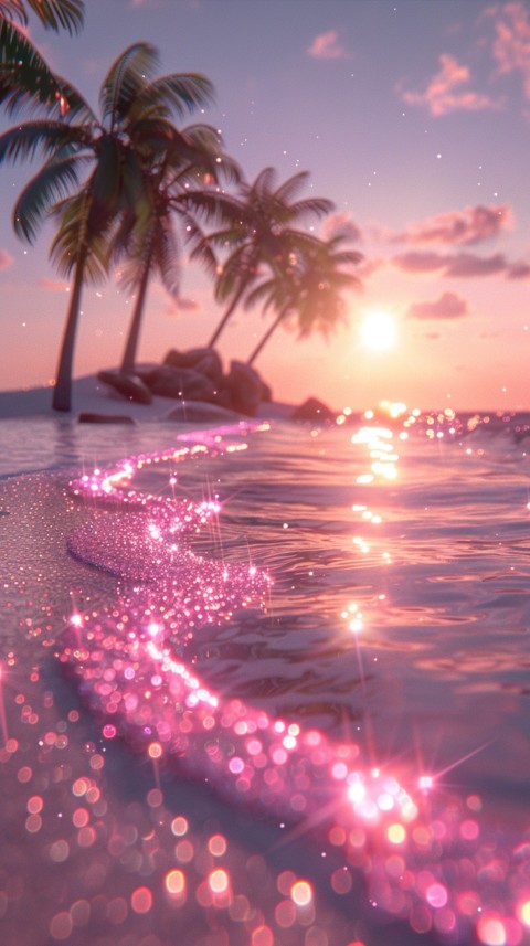 Beautiful beach Aesthetic with palm trees, sparkling water, pink and purple sky, sunset, sparkling glitter on the sand (48)