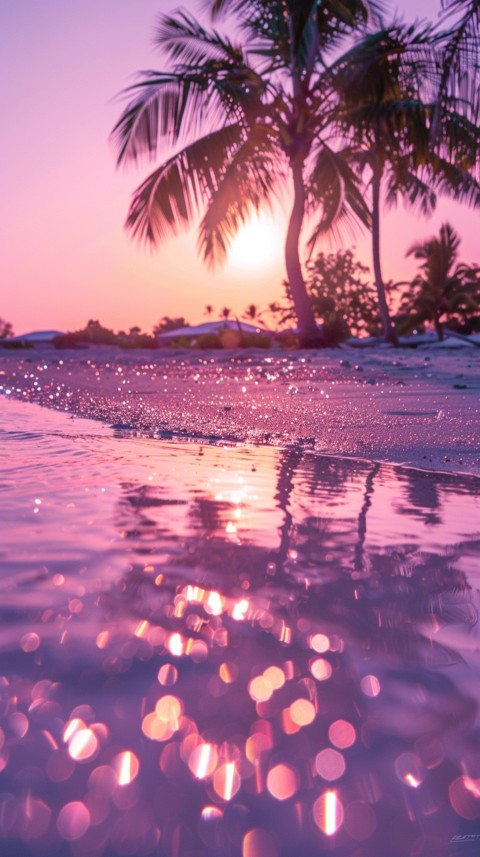 Beautiful beach Aesthetic with palm trees, sparkling water, pink and purple sky, sunset, sparkling glitter on the sand (4)