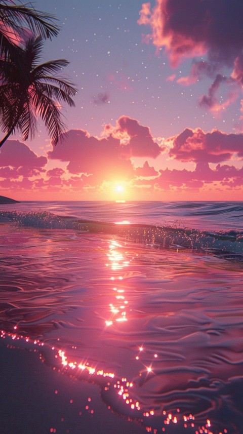 Beautiful beach Aesthetic with palm trees, sparkling water, pink and purple sky, sunset, sparkling glitter on the sand (19)