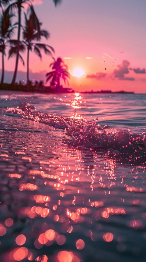 Beautiful beach Aesthetic with palm trees, sparkling water, pink and purple sky, sunset, sparkling glitter on the sand (40)
