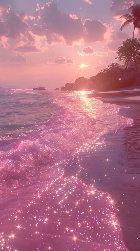 Beautiful beach Aesthetic with palm trees, sparkling water, pink and purple sky, sunset, sparkling glitter on the sand (34)