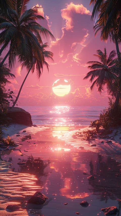 Beautiful beach Aesthetic with palm trees, sparkling water, pink and purple sky, sunset, sparkling glitter on the sand (43)