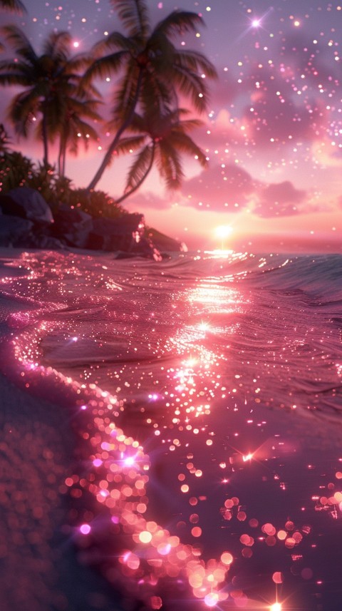 Beautiful beach Aesthetic with palm trees, sparkling water, pink and purple sky, sunset, sparkling glitter on the sand (6)