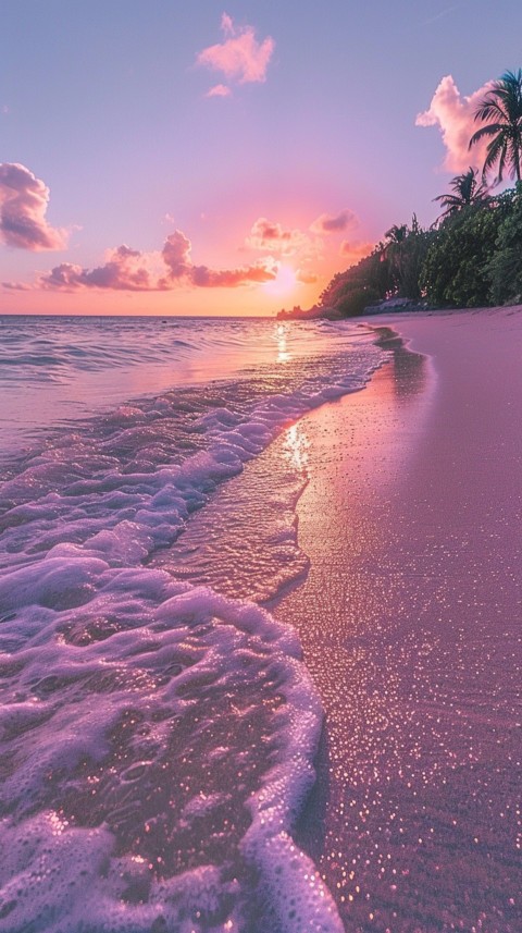Beautiful beach Aesthetic with palm trees, sparkling water, pink and purple sky, sunset, sparkling glitter on the sand (21)