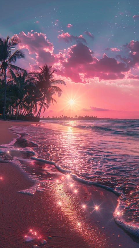 Beautiful beach Aesthetic with palm trees, sparkling water, pink and purple sky, sunset, sparkling glitter on the sand (38)