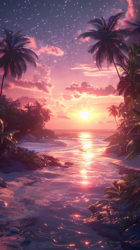 Beautiful beach Aesthetic with palm trees, sparkling water, pink and purple sky, sunset, sparkling glitter on the sand (27)