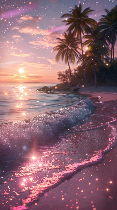 Beautiful beach Aesthetic with palm trees, sparkling water, pink and purple sky, sunset, sparkling glitter on the sand (29)
