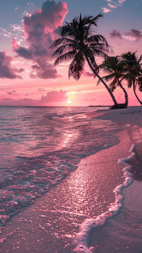 Beautiful beach Aesthetic with palm trees, sparkling water, pink and purple sky, sunset, sparkling glitter on the sand (13)