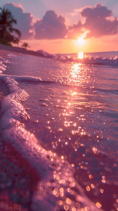 Beautiful beach Aesthetic with palm trees, sparkling water, pink and purple sky, sunset, sparkling glitter on the sand (99)
