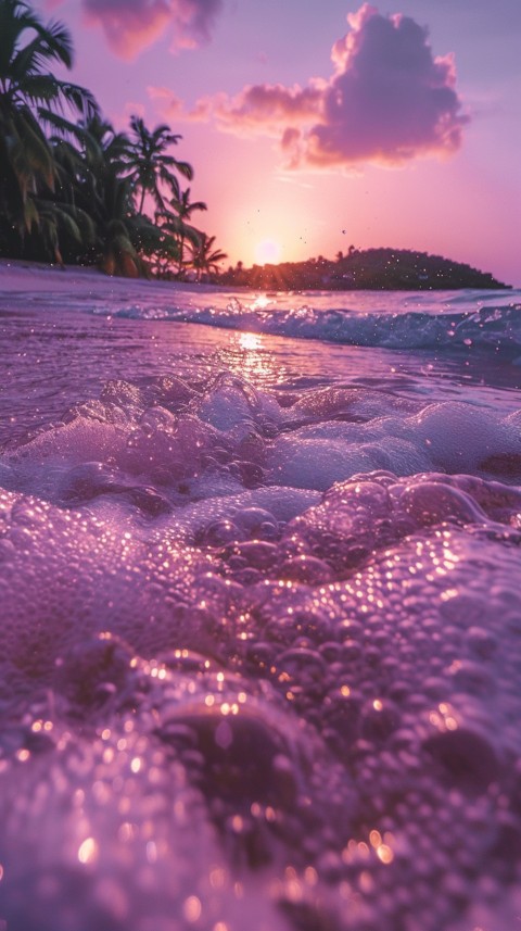Beautiful beach Aesthetic with palm trees, sparkling water, pink and purple sky, sunset, sparkling glitter on the sand (97)