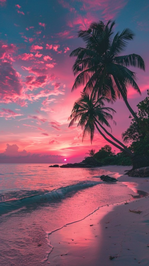 Beautiful beach Aesthetic with palm trees, sparkling water, pink and purple sky, sunset, sparkling glitter on the sand (98)