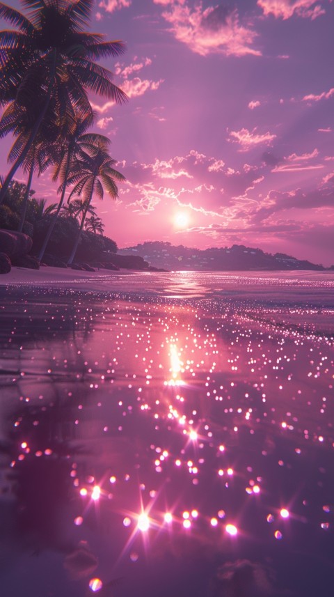 Beautiful beach Aesthetic with palm trees, sparkling water, pink and purple sky, sunset, sparkling glitter on the sand (96)