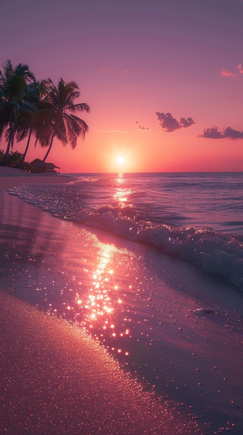 Beautiful beach Aesthetic with palm trees, sparkling water, pink and purple sky, sunset, sparkling glitter on the sand (71)