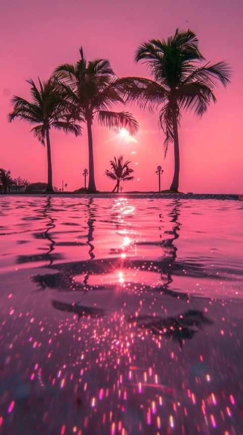Beautiful beach Aesthetic with palm trees, sparkling water, pink and purple sky, sunset, sparkling glitter on the sand (73)