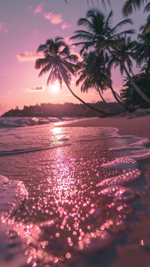 Beautiful beach Aesthetic with palm trees, sparkling water, pink and purple sky, sunset, sparkling glitter on the sand (64)