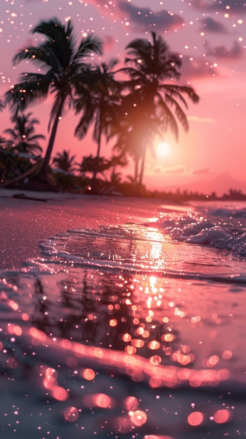 Beautiful beach Aesthetic with palm trees, sparkling water, pink and purple sky, sunset, sparkling glitter on the sand (51)