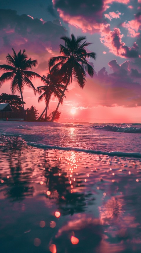 Beautiful beach Aesthetic with palm trees, sparkling water, pink and purple sky, sunset, sparkling glitter on the sand (94)