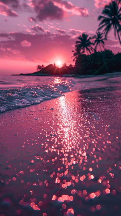 Beautiful beach Aesthetic with palm trees, sparkling water, pink and purple sky, sunset, sparkling glitter on the sand (85)