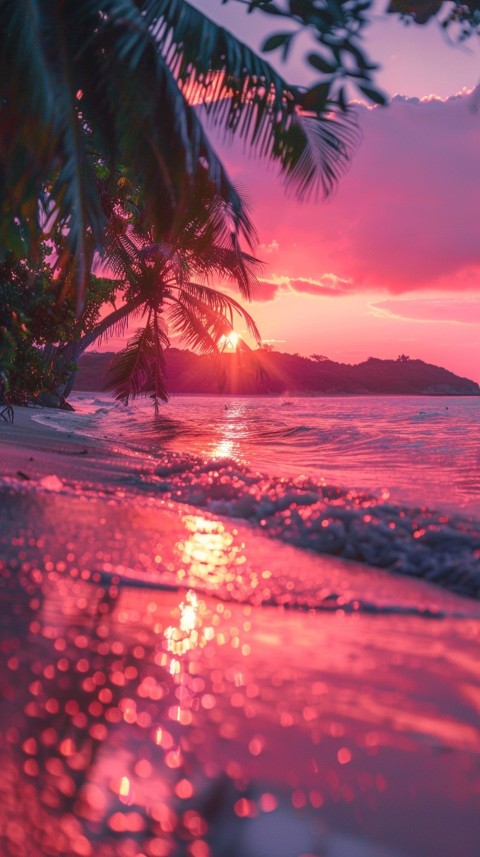 Beautiful beach Aesthetic with palm trees, sparkling water, pink and purple sky, sunset, sparkling glitter on the sand (65)