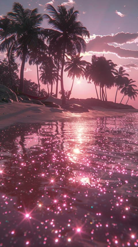 Beautiful beach Aesthetic with palm trees, sparkling water, pink and purple sky, sunset, sparkling glitter on the sand (89)