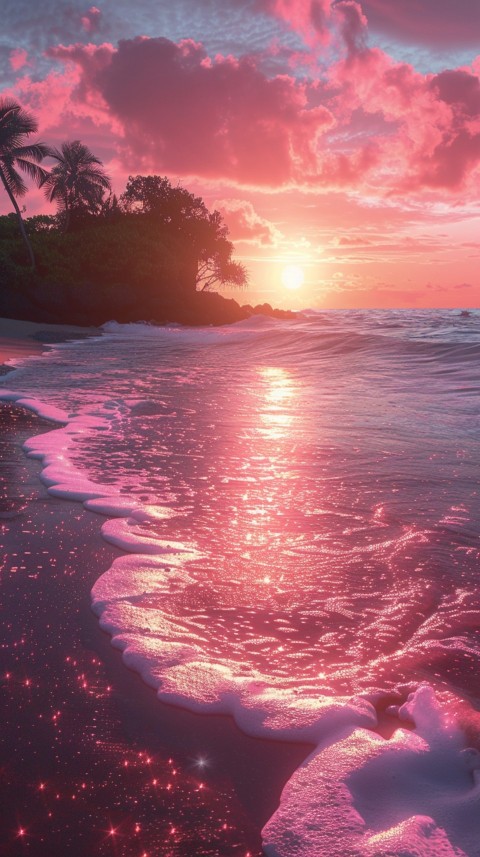 Beautiful beach Aesthetic with palm trees, sparkling water, pink and purple sky, sunset, sparkling glitter on the sand (54)