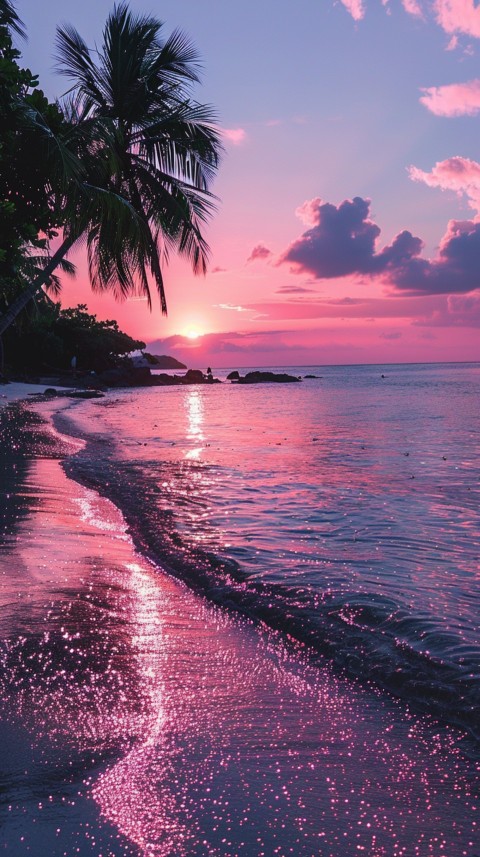Beautiful beach Aesthetic with palm trees, sparkling water, pink and purple sky, sunset, sparkling glitter on the sand (84)
