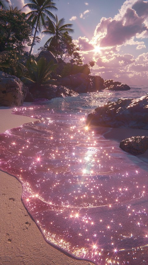 Beautiful beach Aesthetic with palm trees, sparkling water, pink and purple sky, sunset, sparkling glitter on the sand (79)
