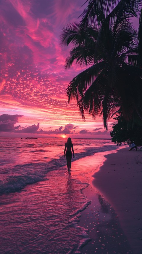 Beautiful beach Aesthetic with palm trees, sparkling water, pink and purple sky, sunset, sparkling glitter on the sand (69)