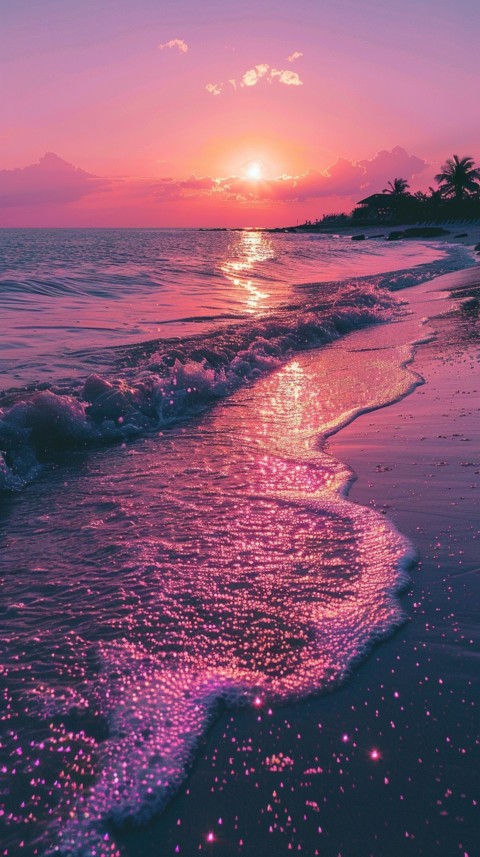 Beautiful beach Aesthetic with palm trees, sparkling water, pink and purple sky, sunset, sparkling glitter on the sand (86)