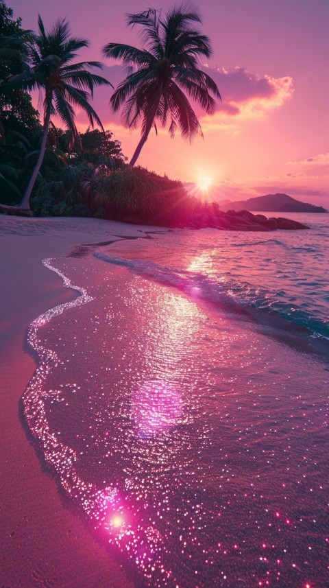 Beautiful beach Aesthetic with palm trees, sparkling water, pink and purple sky, sunset, sparkling glitter on the sand (80)