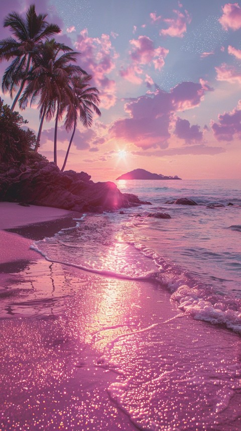 Beautiful beach Aesthetic with palm trees, sparkling water, pink and purple sky, sunset, sparkling glitter on the sand (100)