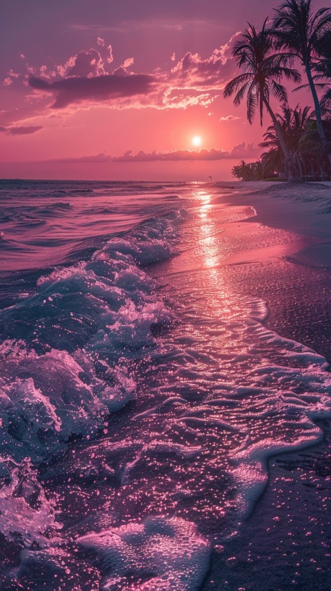 Beautiful beach Aesthetic with palm trees, sparkling water, pink and purple sky, sunset, sparkling glitter on the sand (66)