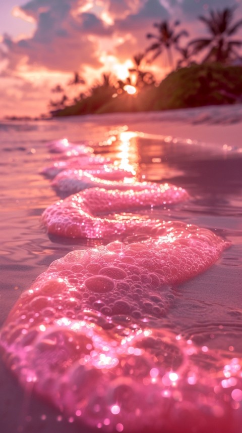 Beautiful beach Aesthetic with palm trees, sparkling water, pink and purple sky, sunset, sparkling glitter on the sand (126)