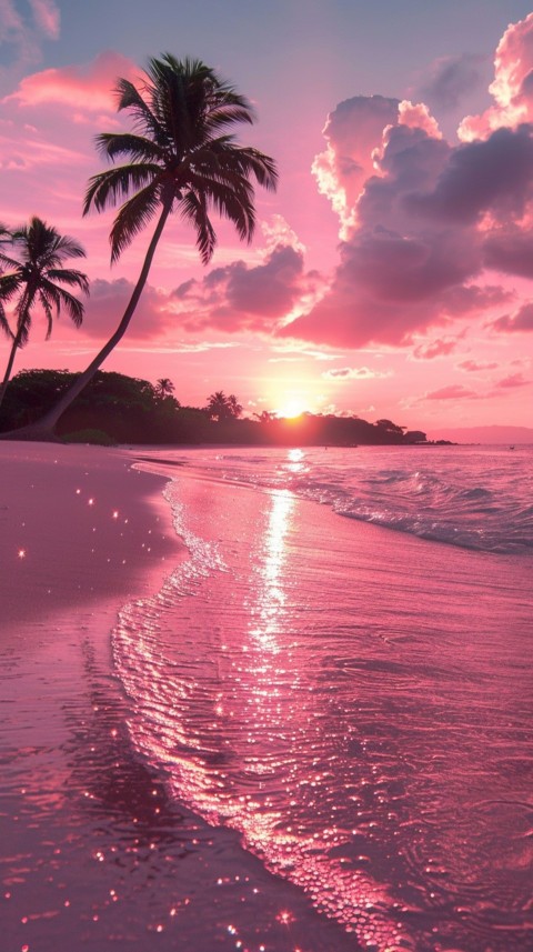 Beautiful beach Aesthetic with palm trees, sparkling water, pink and purple sky, sunset, sparkling glitter on the sand (106)