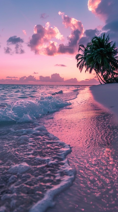 Beautiful beach Aesthetic with palm trees, sparkling water, pink and purple sky, sunset, sparkling glitter on the sand (134)