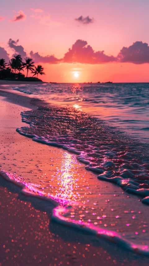 Beautiful beach Aesthetic with palm trees, sparkling water, pink and purple sky, sunset, sparkling glitter on the sand (118)