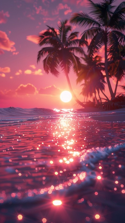 Beautiful beach Aesthetic with palm trees, sparkling water, pink and purple sky, sunset, sparkling glitter on the sand (113)