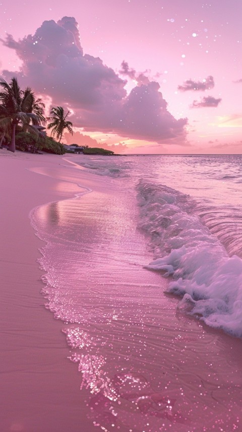 Beautiful beach Aesthetic with palm trees, sparkling water, pink and purple sky, sunset, sparkling glitter on the sand (122)