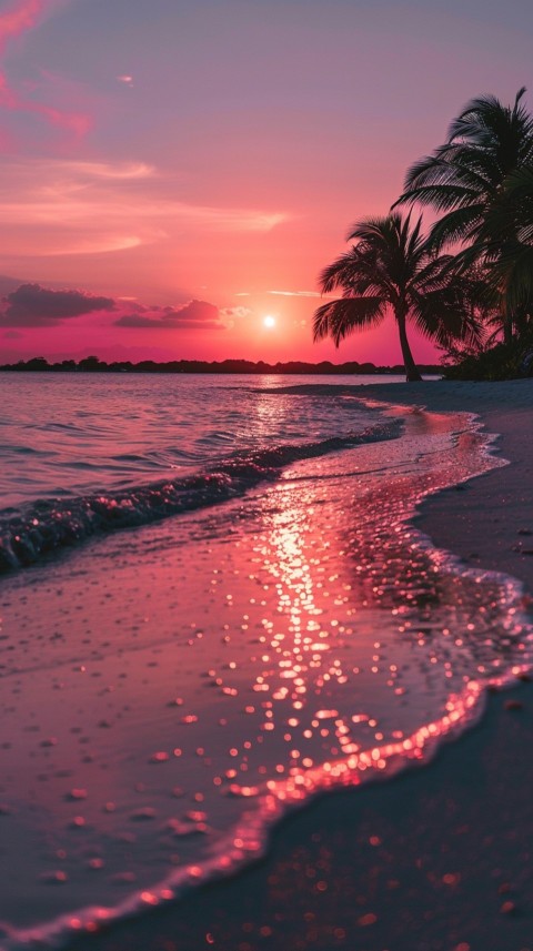 Beautiful beach Aesthetic with palm trees, sparkling water, pink and purple sky, sunset, sparkling glitter on the sand (101)