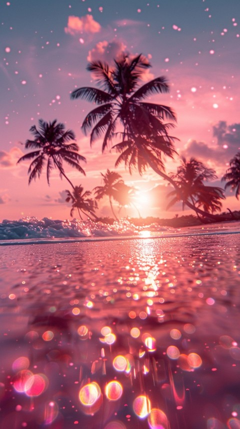 Beautiful beach Aesthetic with palm trees, sparkling water, pink and purple sky, sunset, sparkling glitter on the sand (130)
