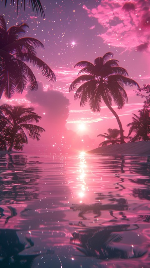 Beautiful beach Aesthetic with palm trees, sparkling water, pink and purple sky, sunset, sparkling glitter on the sand (119)