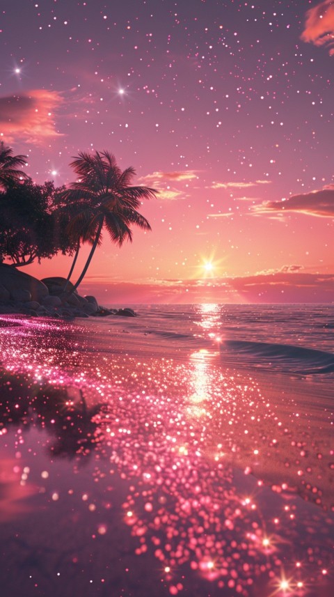 Beautiful beach Aesthetic with palm trees, sparkling water, pink and purple sky, sunset, sparkling glitter on the sand (133)
