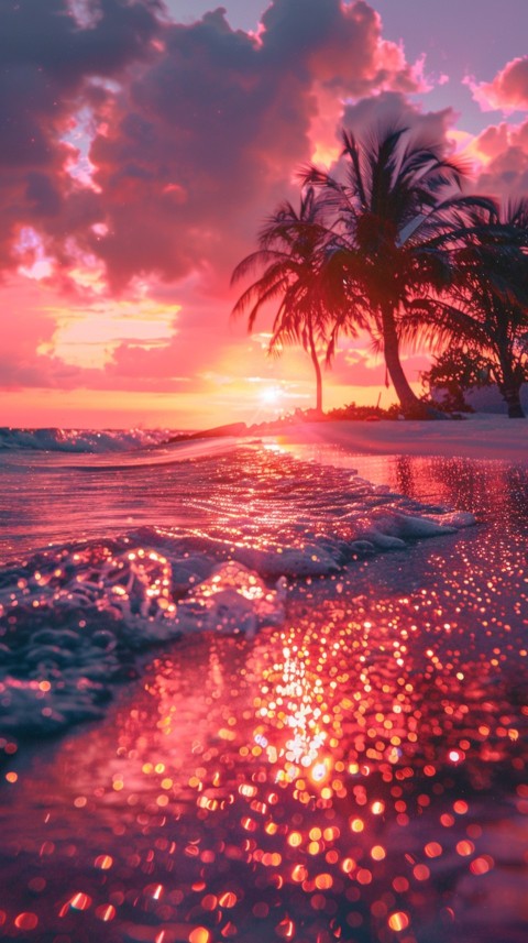 Beautiful beach Aesthetic with palm trees, sparkling water, pink and purple sky, sunset, sparkling glitter on the sand (143)