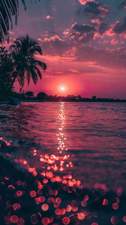 Beautiful beach Aesthetic with palm trees, sparkling water, pink and purple sky, sunset, sparkling glitter on the sand (144)