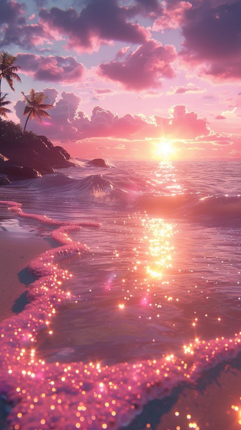 Beautiful beach Aesthetic with palm trees, sparkling water, pink and purple sky, sunset, sparkling glitter on the sand (128)