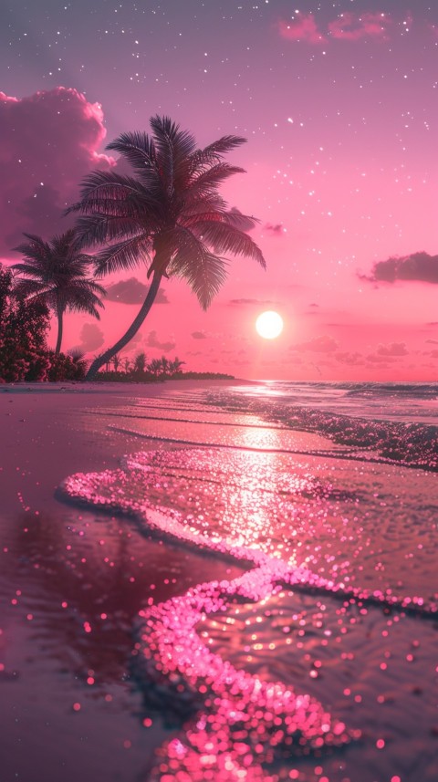 Beautiful beach Aesthetic with palm trees, sparkling water, pink and purple sky, sunset, sparkling glitter on the sand (141)