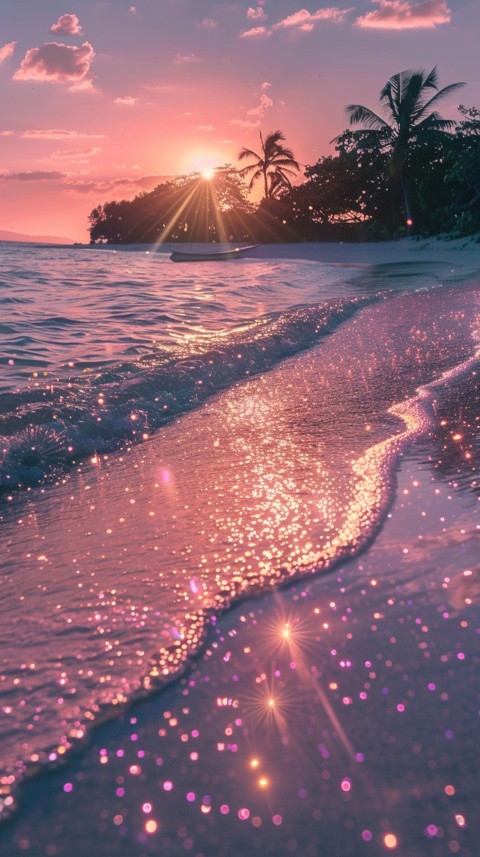 Beautiful beach Aesthetic with palm trees, sparkling water, pink and purple sky, sunset, sparkling glitter on the sand (110)
